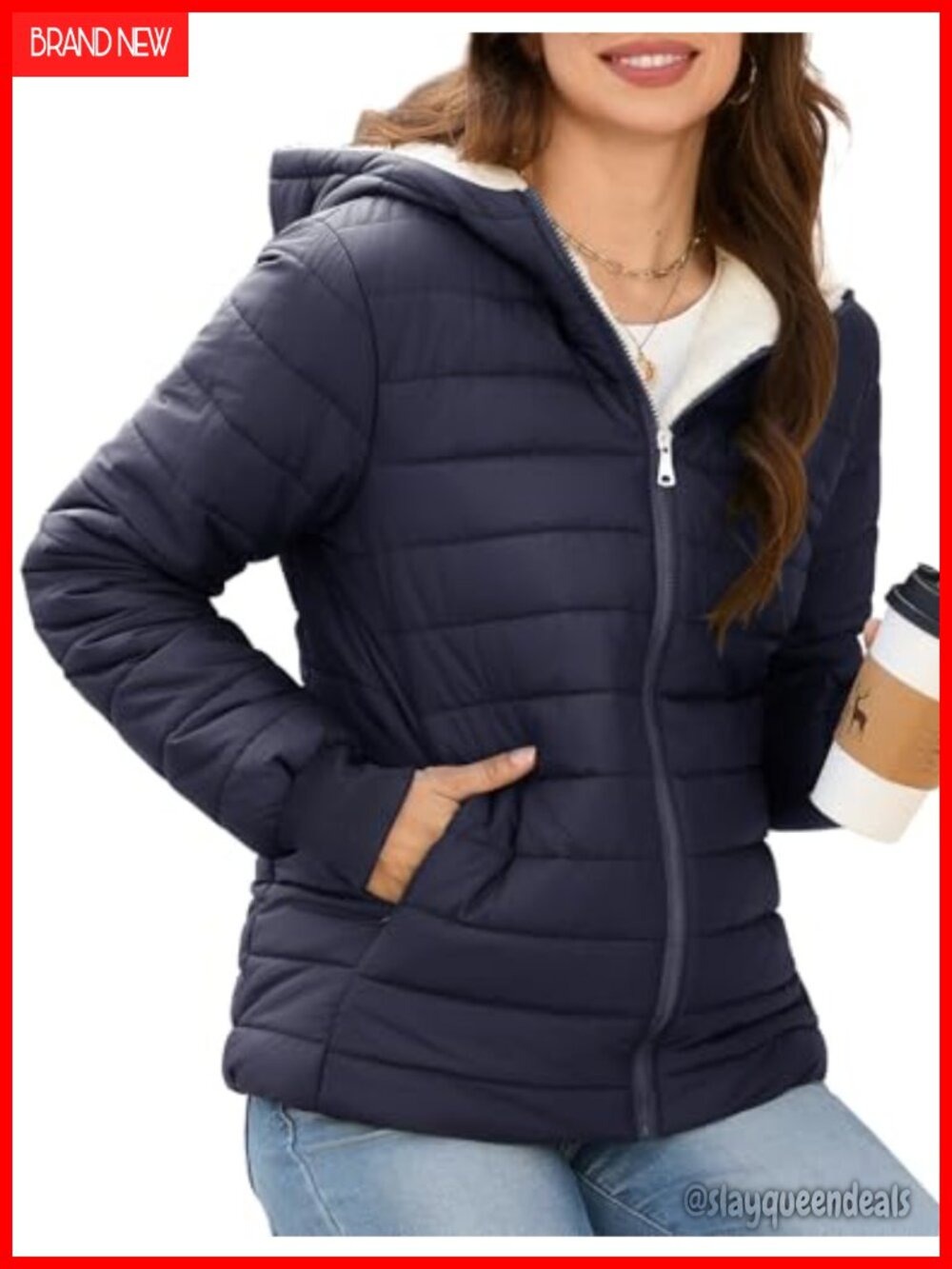 Fleece Lined Puffer Jacket Windproof Water-Resistant Quilted Coat with Hood